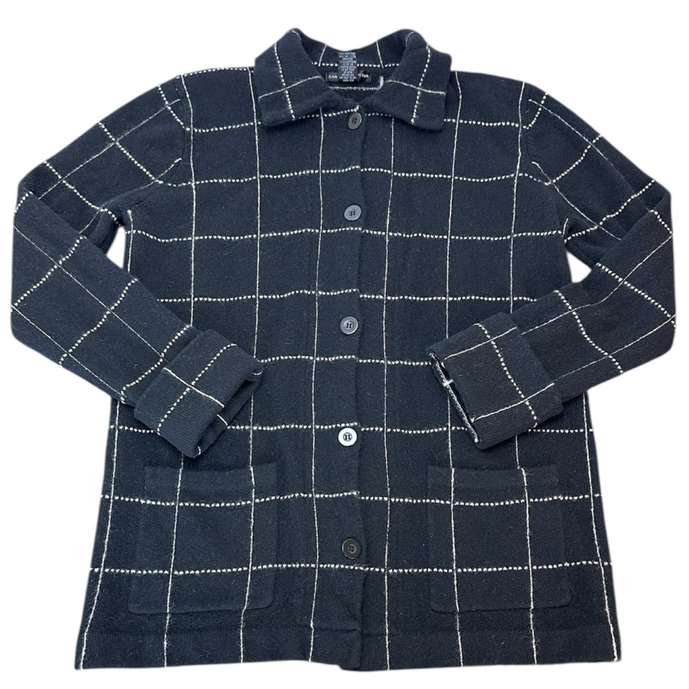 Sarah Spencer Black/White 100%‎ Lambswool Windowpane Button Sweater Cardigan L